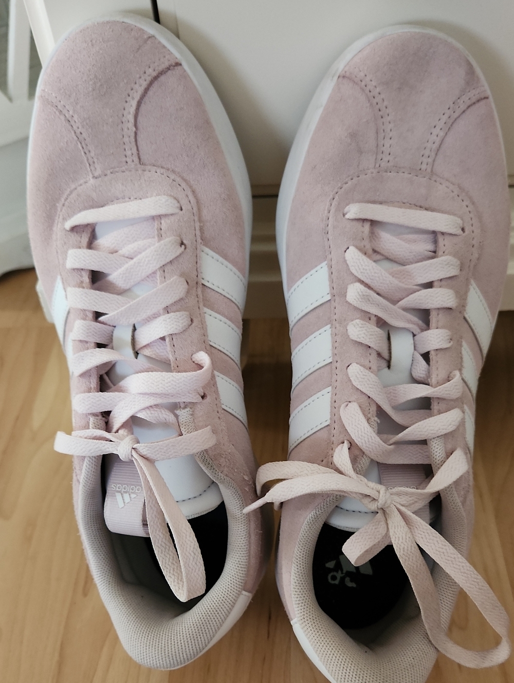 adidas Women’s Light Pink Suede Sneakers with White Stripes
